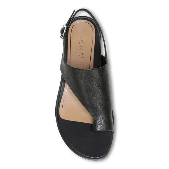 Vionic Shoes - Vionic Ella Sandal in Black Leather Asymmetrical Toe Loop Slingback W's Sz. 7.5M